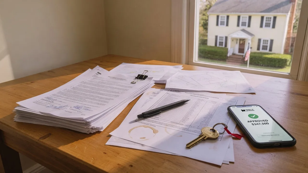 Real estate contract documents, brass house key, pen, and smartphone on a wooden table in warm afternoon light