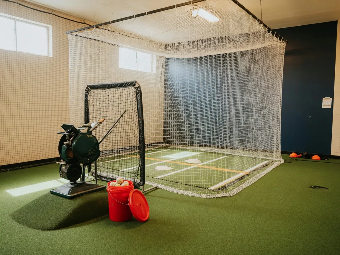 Clean indoor batting cage with pitching machine, turf floor, and a bucket of baseballs at Batter's Alley in Palmyra