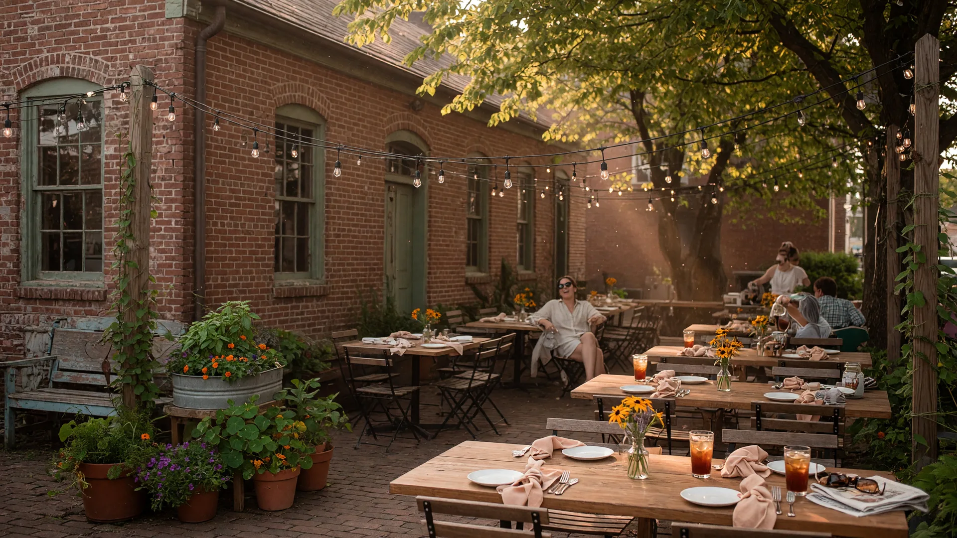A warm outdoor restaurant patio in historic downtown Warrenton, Virginia with string lights hanging overhead, wooden tables, and lush greenery on a golden summer evening