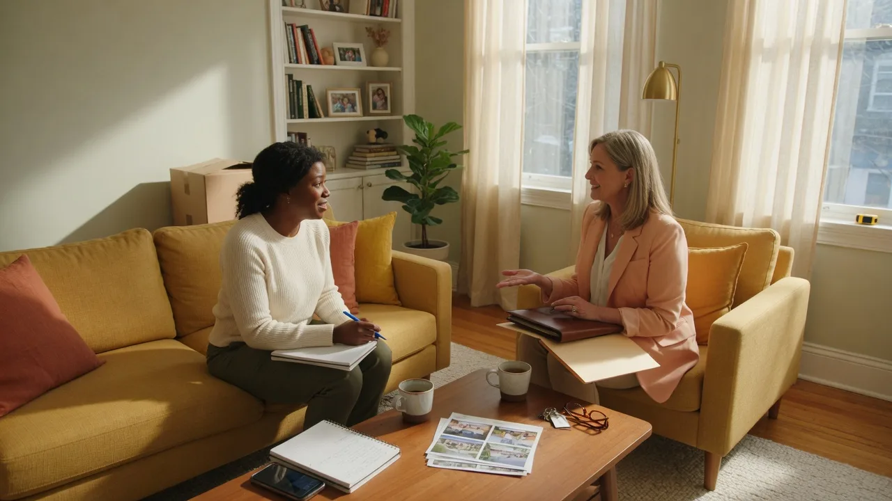 Home buyer interviewing a real estate agent in a bright living room setting