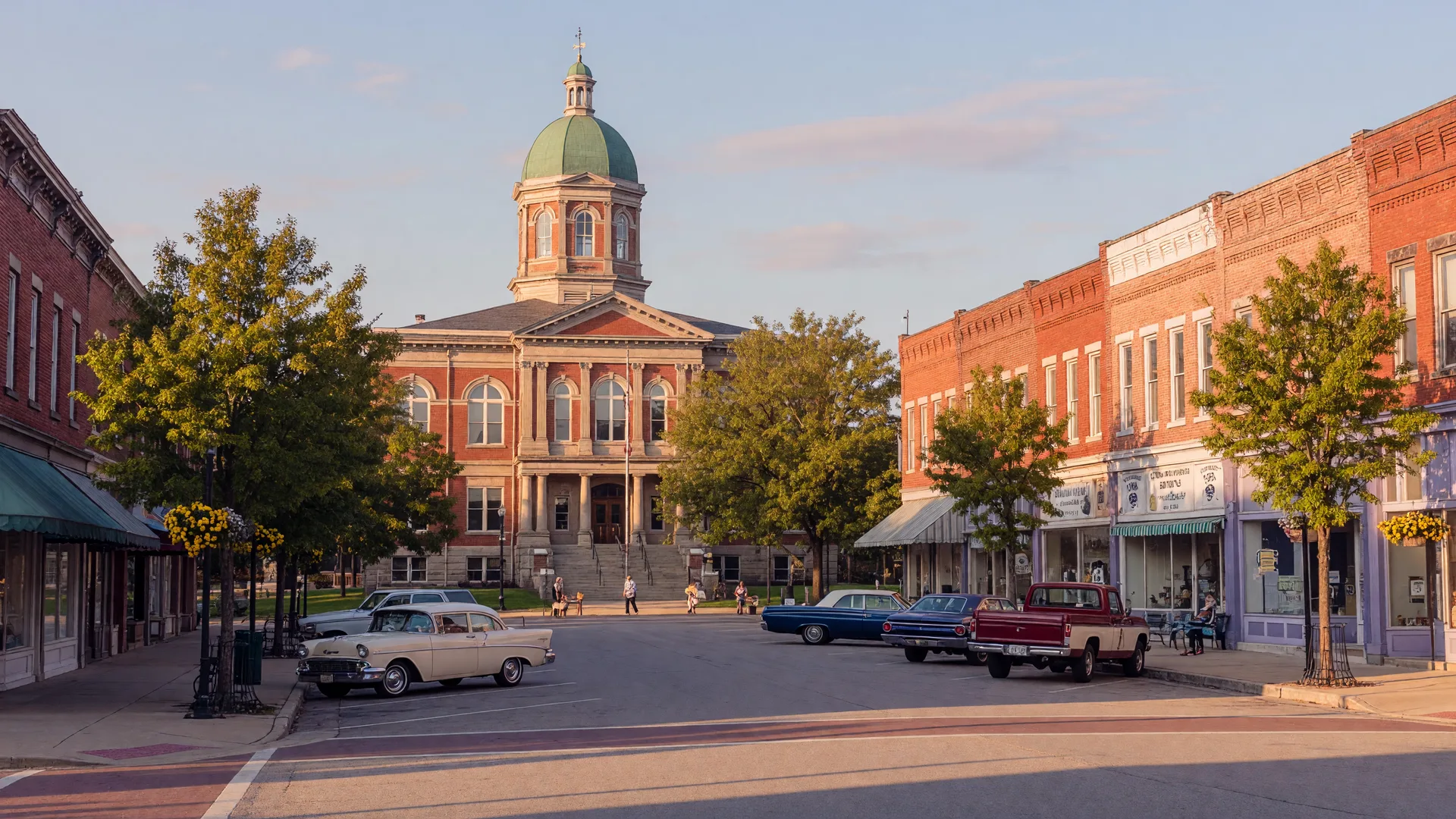 The historic courthouse square in Glasgow, Kentucky at golden hour, with brick storefronts, classic cars, and long tree shadows under a soft blue sky