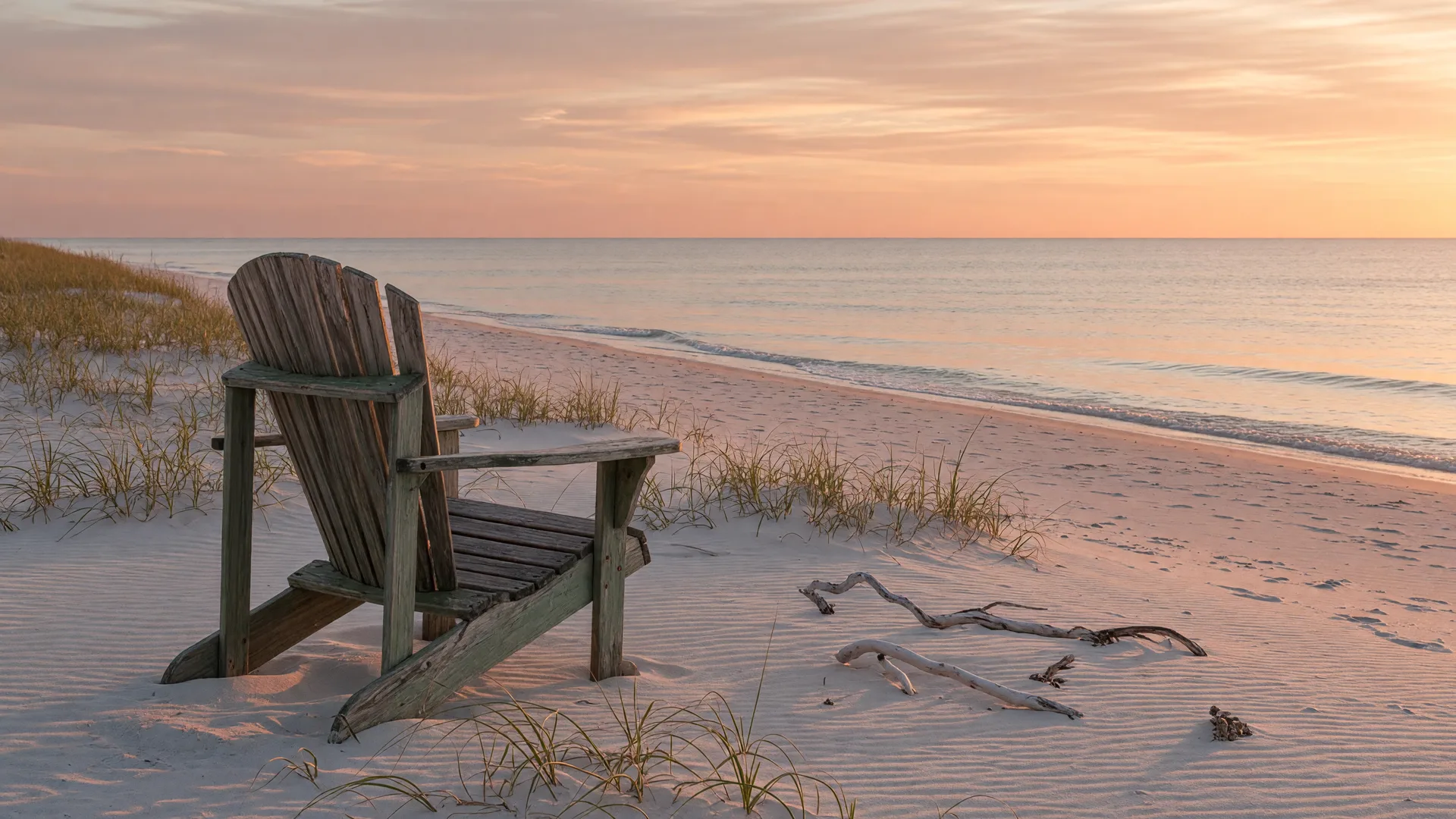 A single empty weathered Adirondack chair on a quiet white-sand Gulf Coast beach at golden hour, calm turquoise water and soft peach and gold clouds, evoking rest and grace