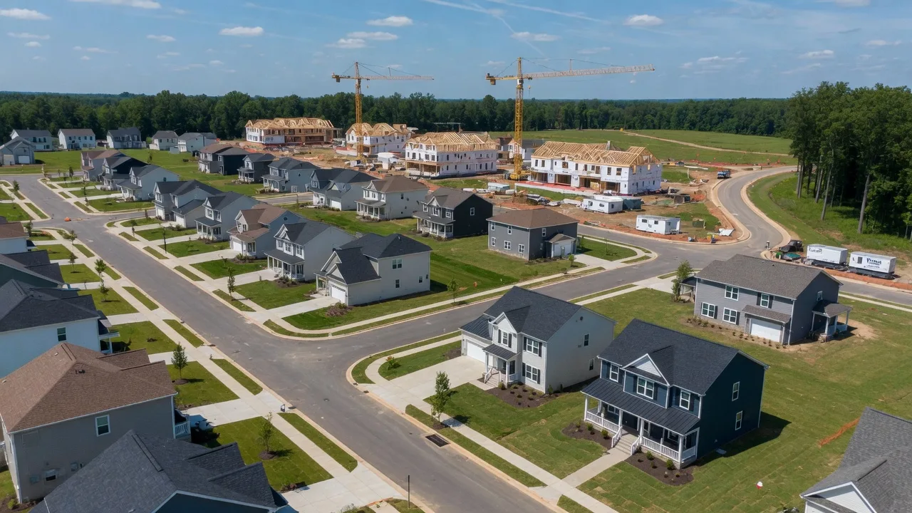 Aerial view of a new construction neighborhood under development in Prince William County with rows of new homes and active construction