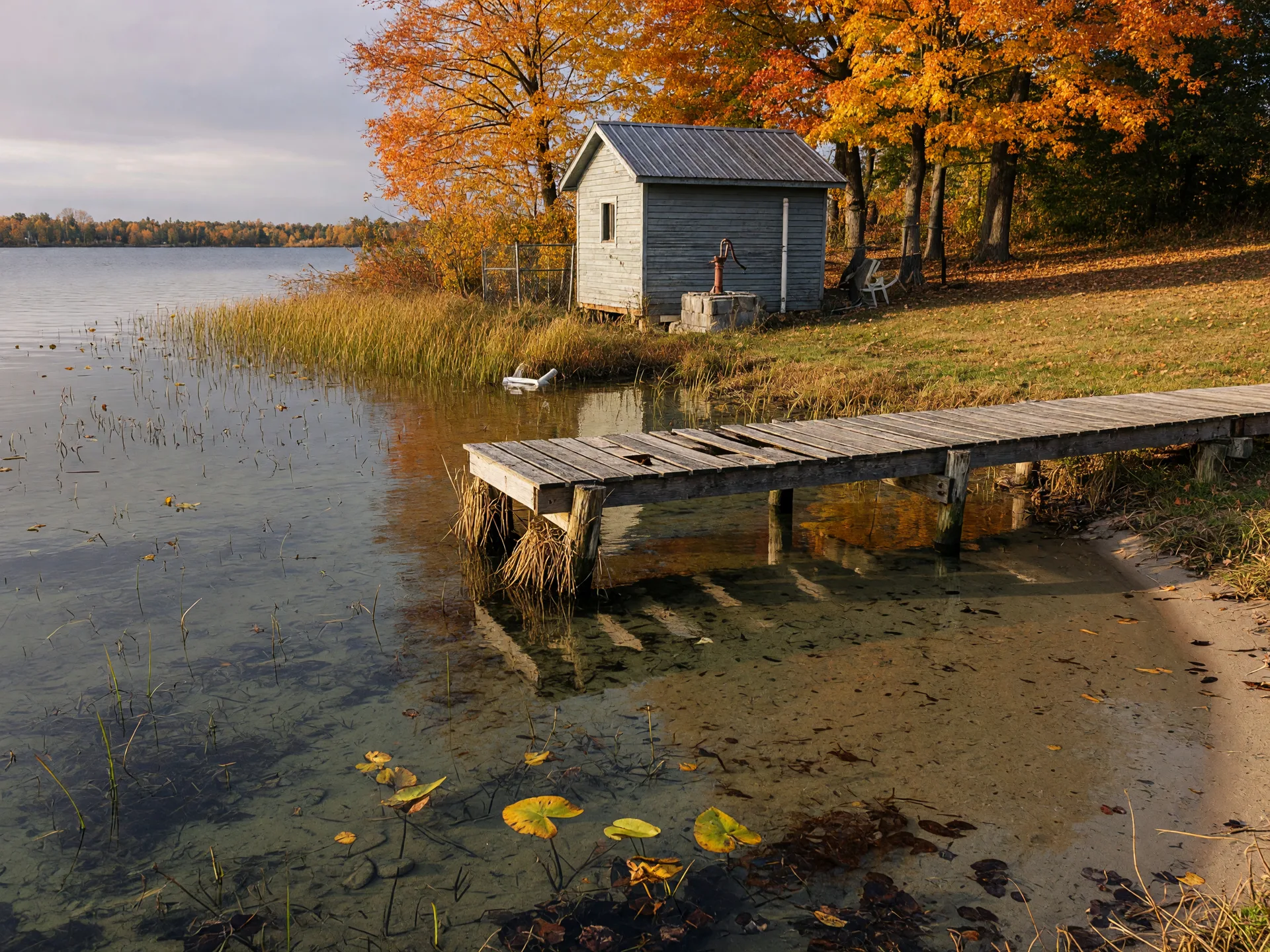 A shallow, reedy shoreline on Lake Scugog in autumn with clear water over sand and aquatic plants, lily pads beside a weathered wooden dock, and a small grey well pump house among golden trees at the back of the rural lot