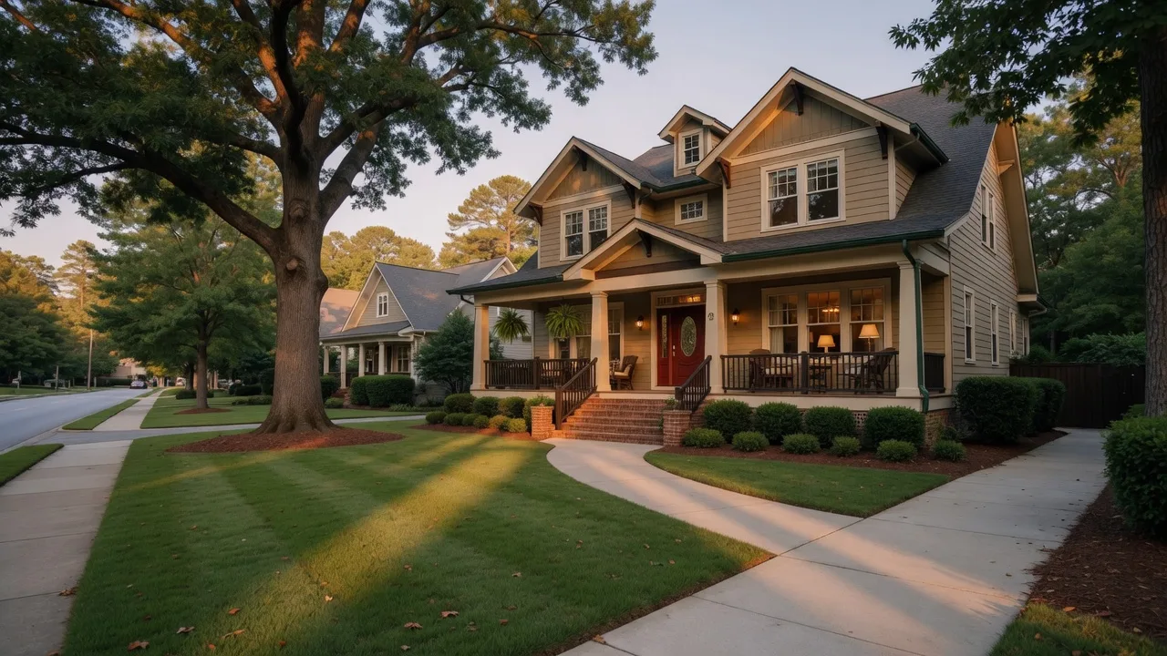 A freshly presented suburban Atlanta home at golden hour with warm light on the facade, representing a relisted home getting a fresh start