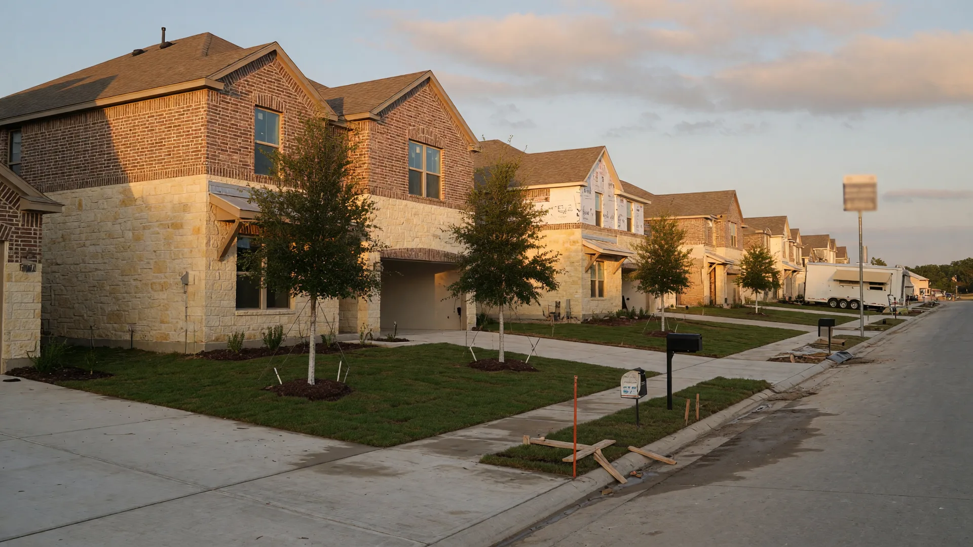 New construction home with limestone and brick elevation in a San Antonio master-planned community at golden hour