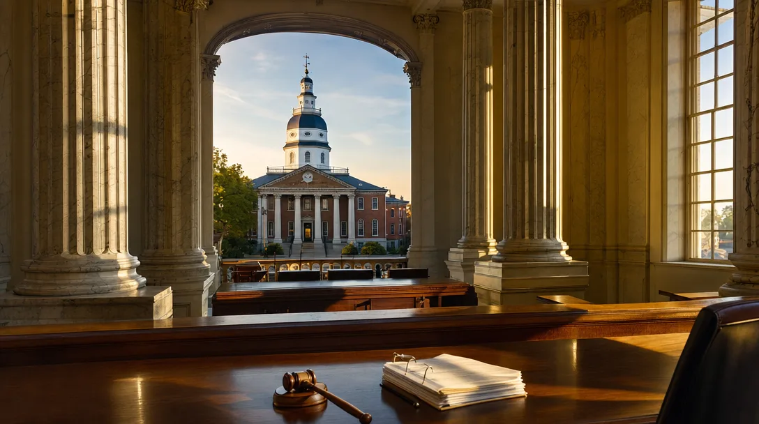 Maryland State House in Annapolis with classical columns and a marble courthouse interior, symbolizing the legal framework of probate administration
