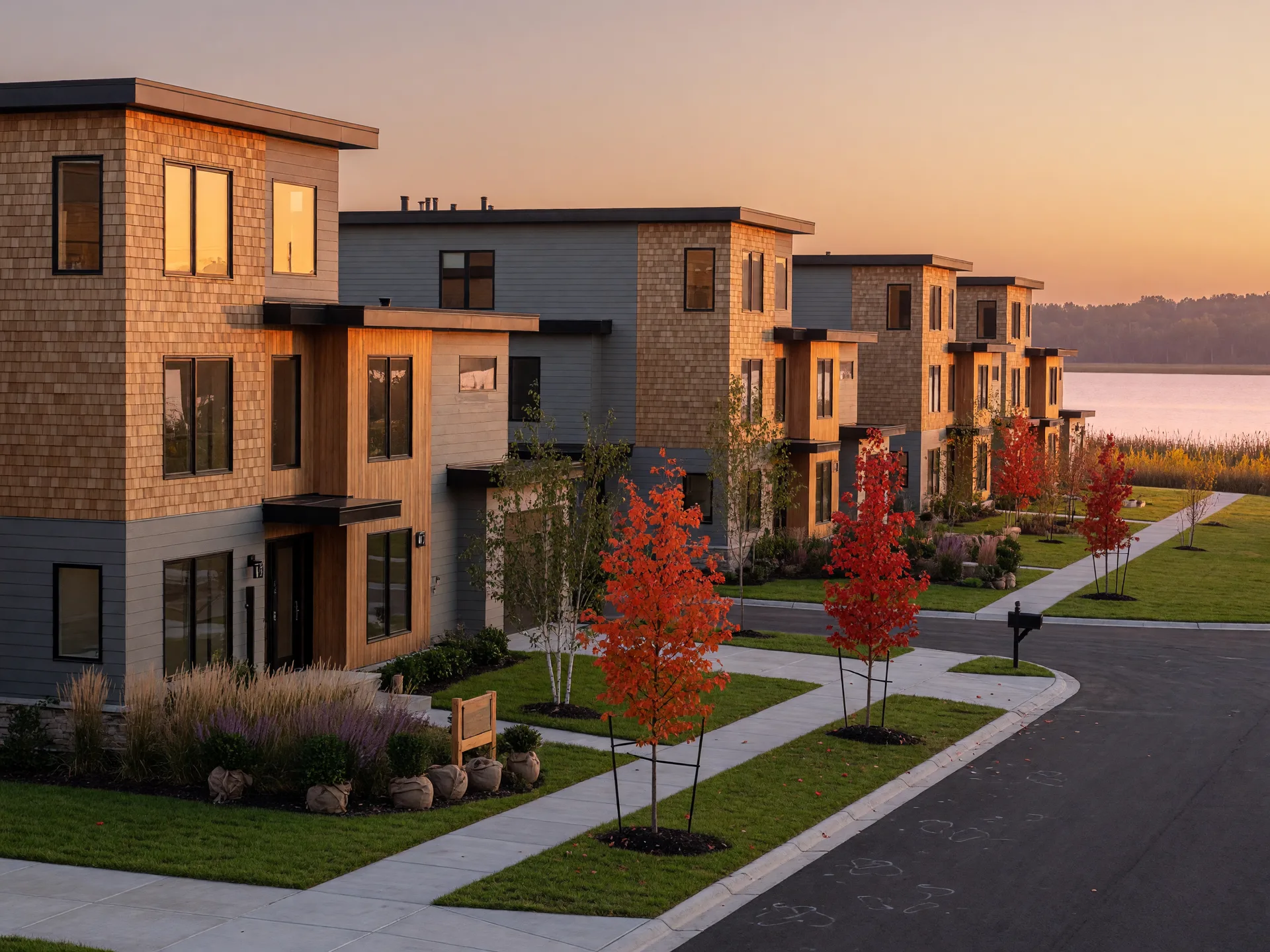 A freshly completed townhome community in central Minnesota at golden hour, young maples in fall color along a new sidewalk