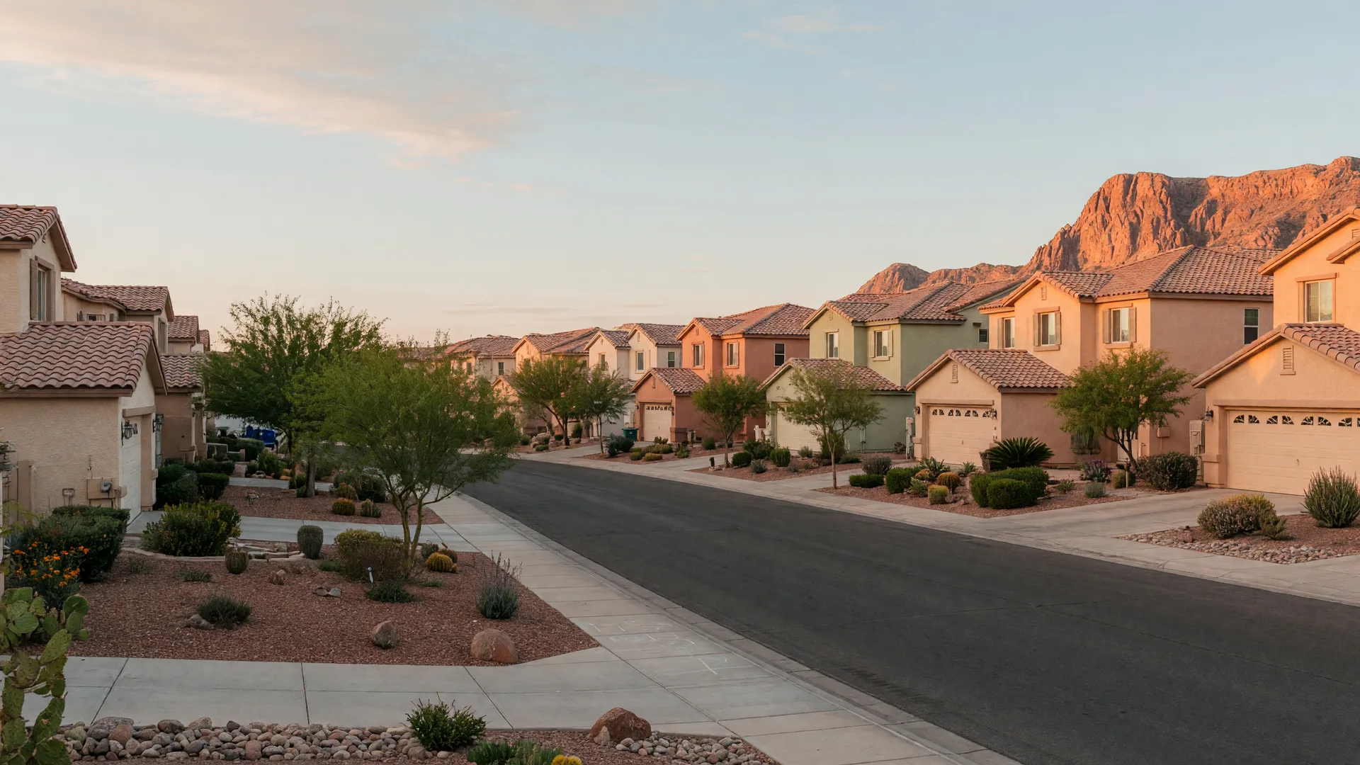 Rows of low-profile single-story stucco homes with tile roofs along curving tree-lined streets in a quiet Summerlin neighborhood