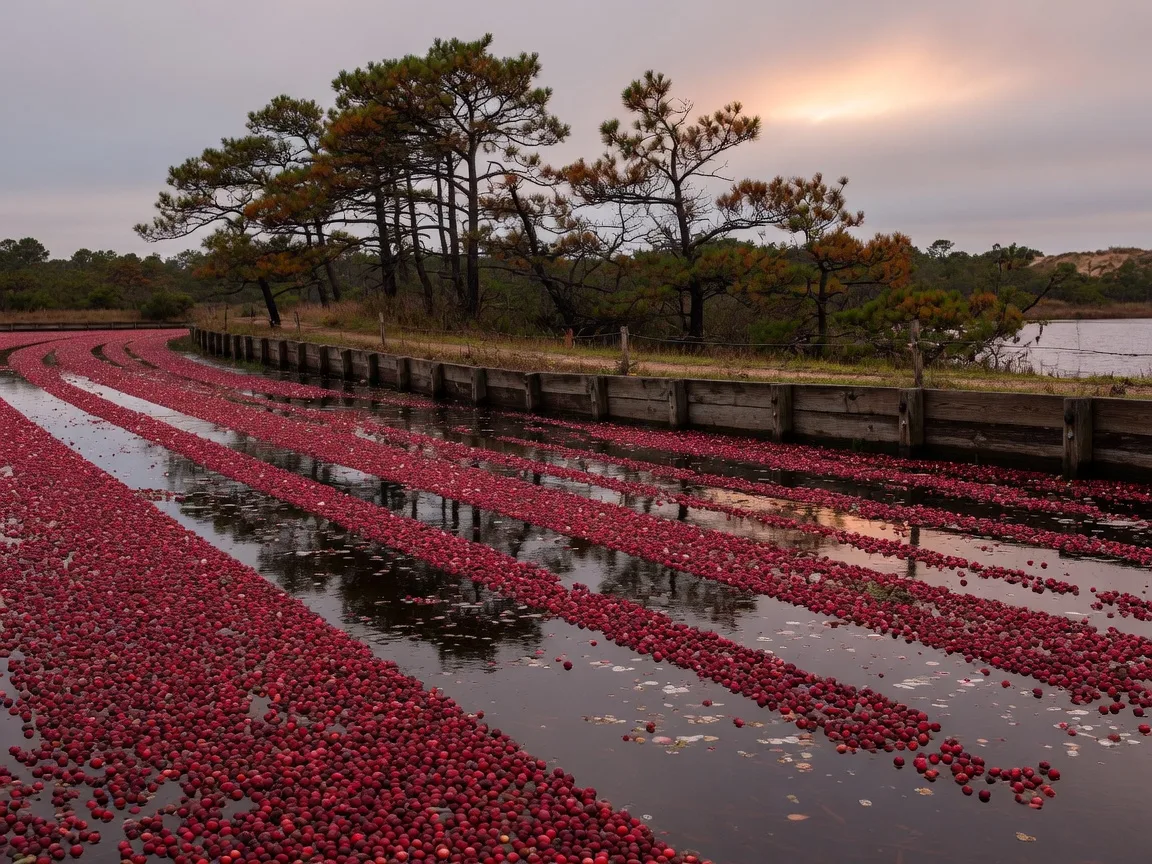 Deep red cranberries floating on a flooded New Jersey cranberry bog in neat harvest rows, with pitch pines beyond the dike