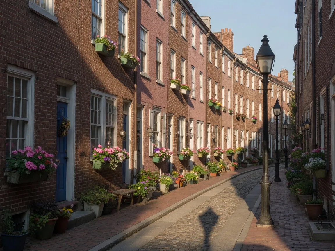Historic brick rowhomes on Elfreth's Alley in Old City Philadelphia