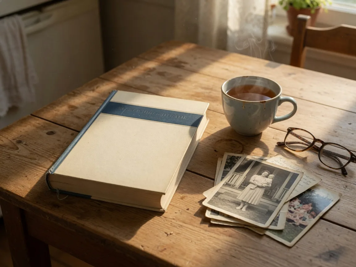 A closed book with a cream cover on a kitchen table beside a cup of tea and family photographs