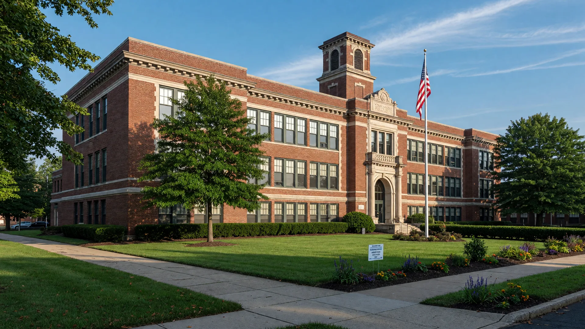 Historic brick Bloomfield High School building with stone trim, an American flag,and landscaped grounds on a bright late-summer morning