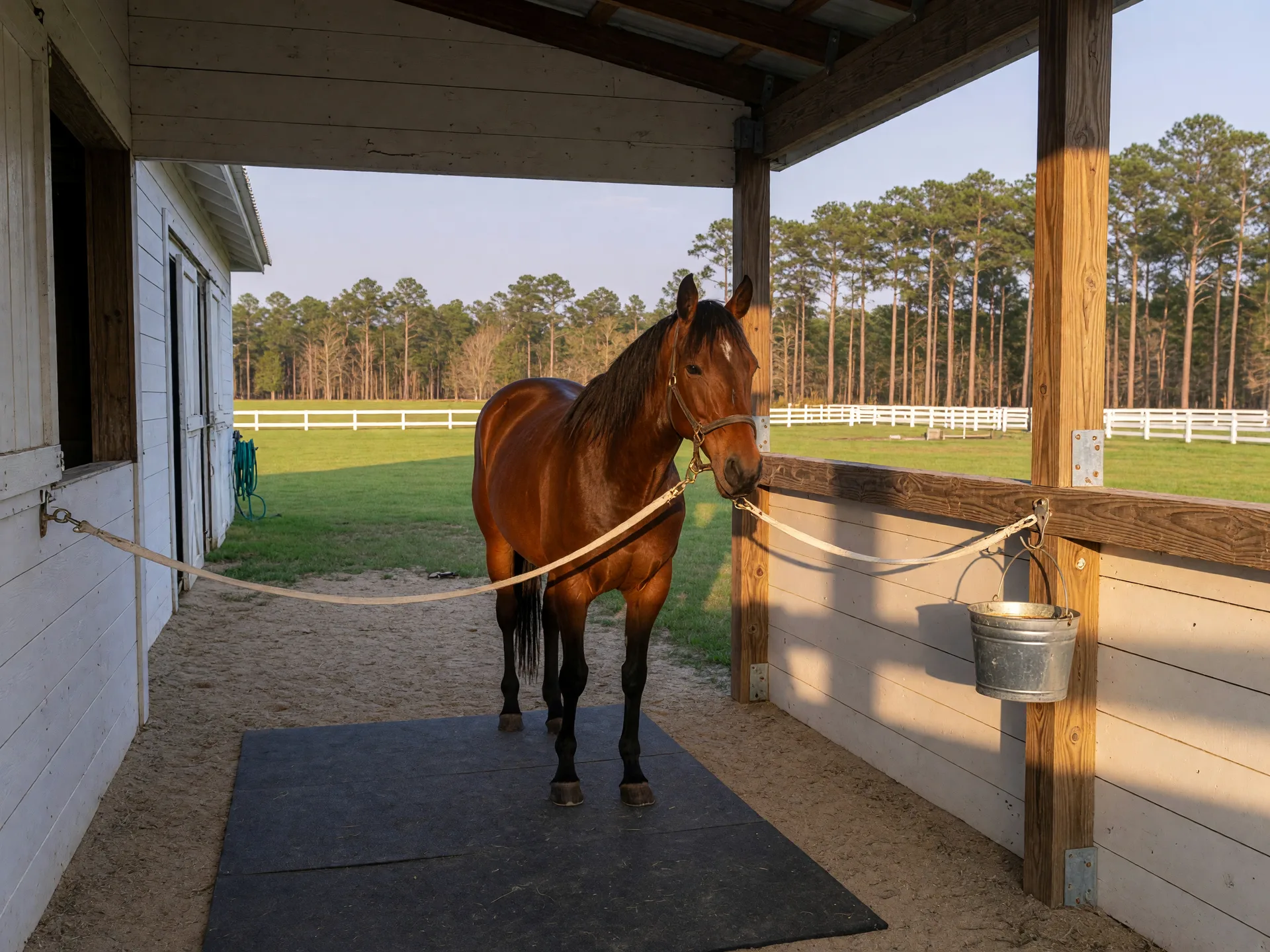 A calm horse standing crosstied in a dry, covered tying bay beside a white-board Aiken barn, with groomed sand footing, a rubber mat, and green paddocks beyond