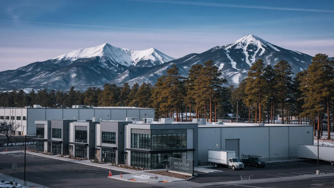 Modern low-rise commercial buildings and a light-industrial warehouse among ponderosa pines with the San Francisco Peaks behind them near Flagstaff Arizona