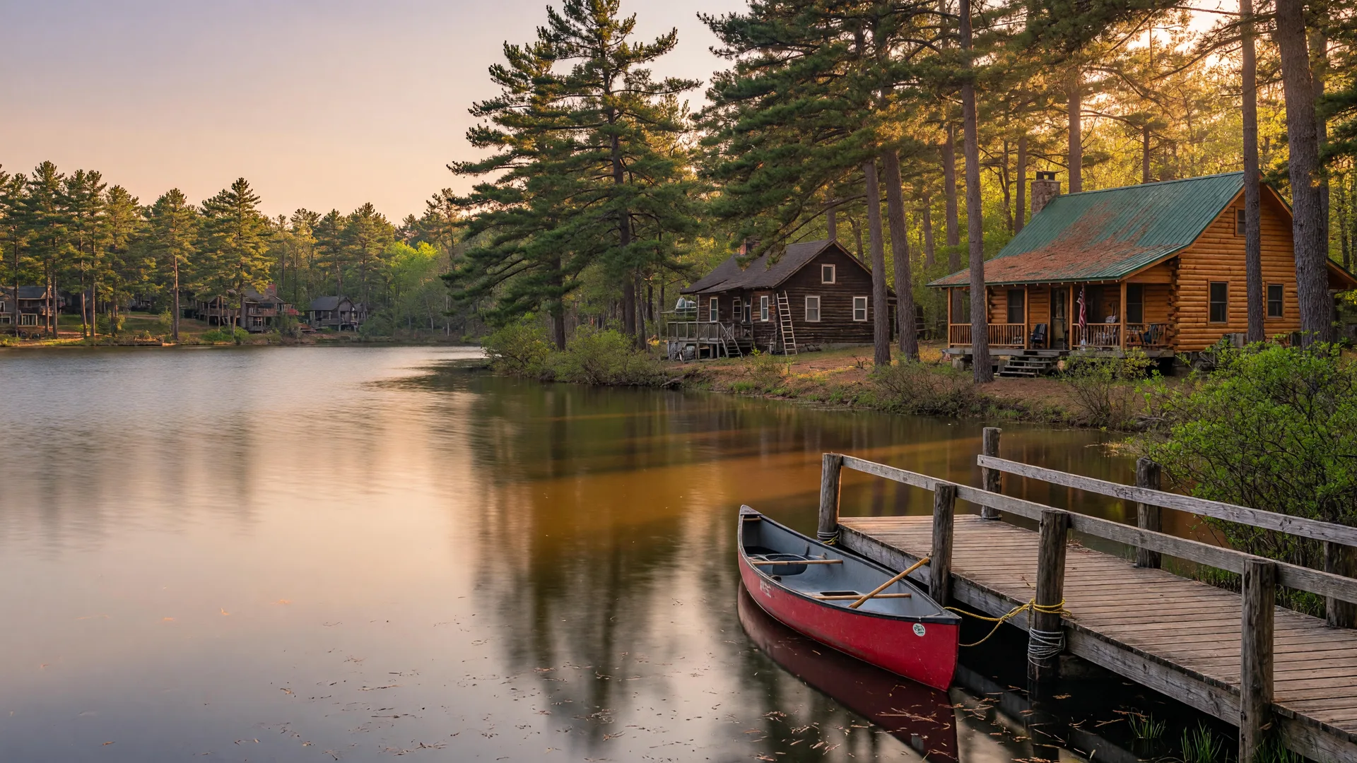 Tranquil lake in Medford Lakes NJ with pine trees, log cabin homes, and a wooden dock with a canoe at golden hour