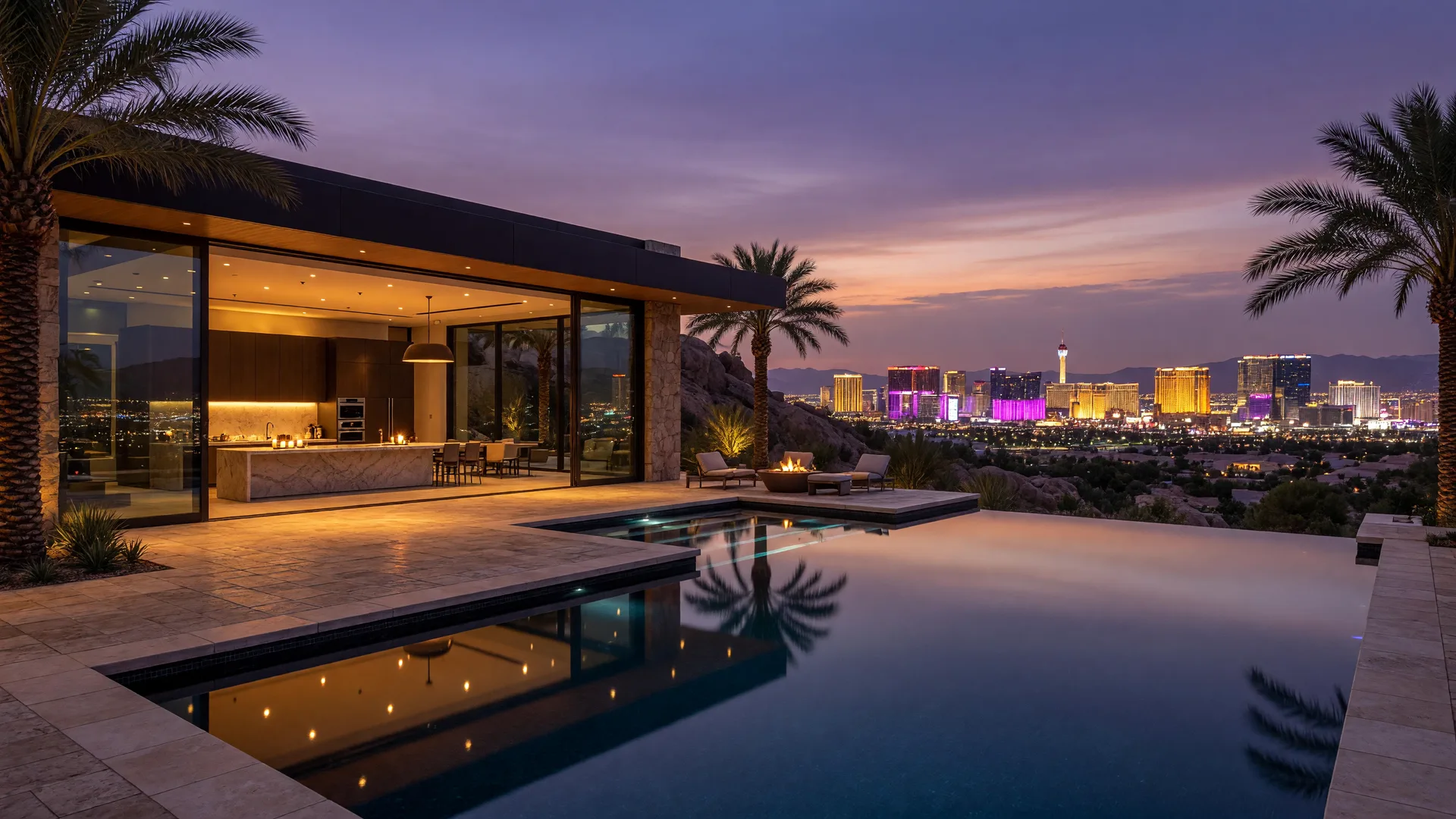 Modern luxury estate in Las Vegas at dusk with infinity pool and Strip skyline