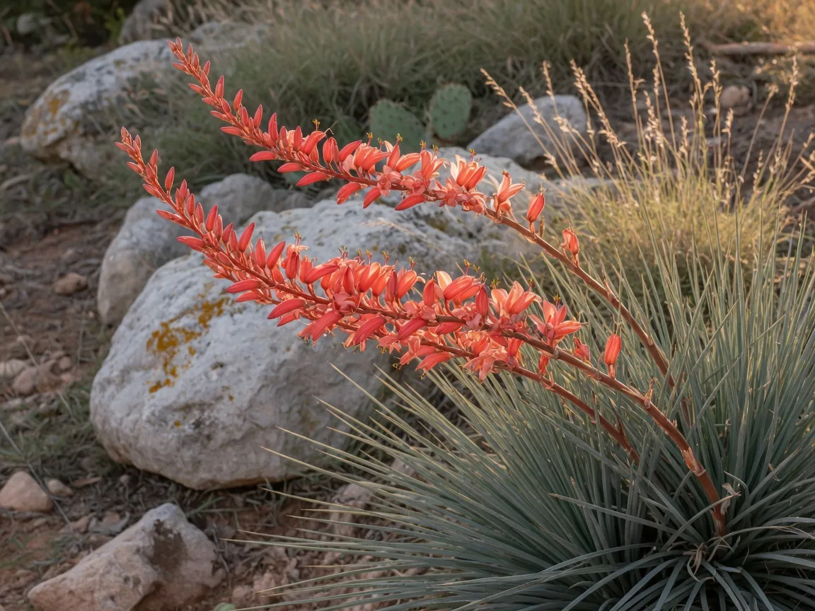 Red yucca in full bloom in a Texas Hill Country garden with tall coral-red flower stalks rising above evergreen clumps of narrow gray-green leaves