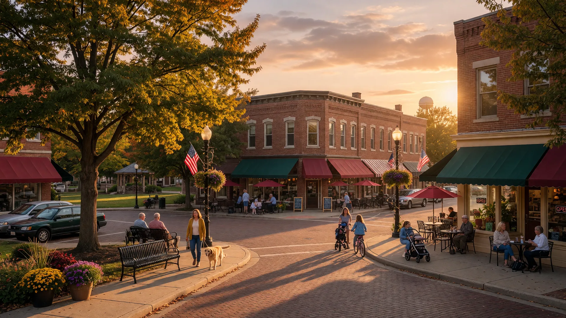Historic downtown Lee's Summit, Missouri square with charming brick storefronts, awnings, and tree-lined streets on a warm sunny afternoon