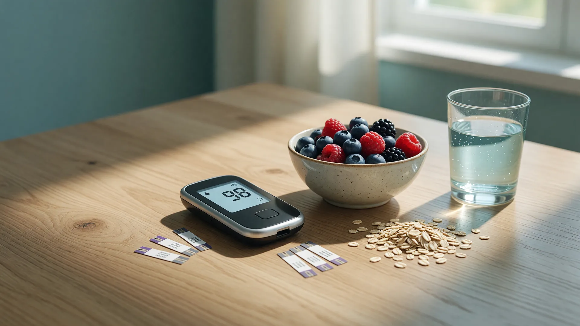 A blood glucose meter and test strips beside fresh berries, oats, and a glass of water on a wooden table