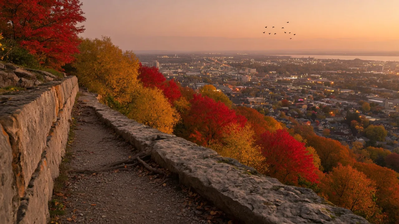 Golden-hour view from the Hamilton Mountain escarpment brow over the city, with autumn trees in red and gold along the escarpment edge