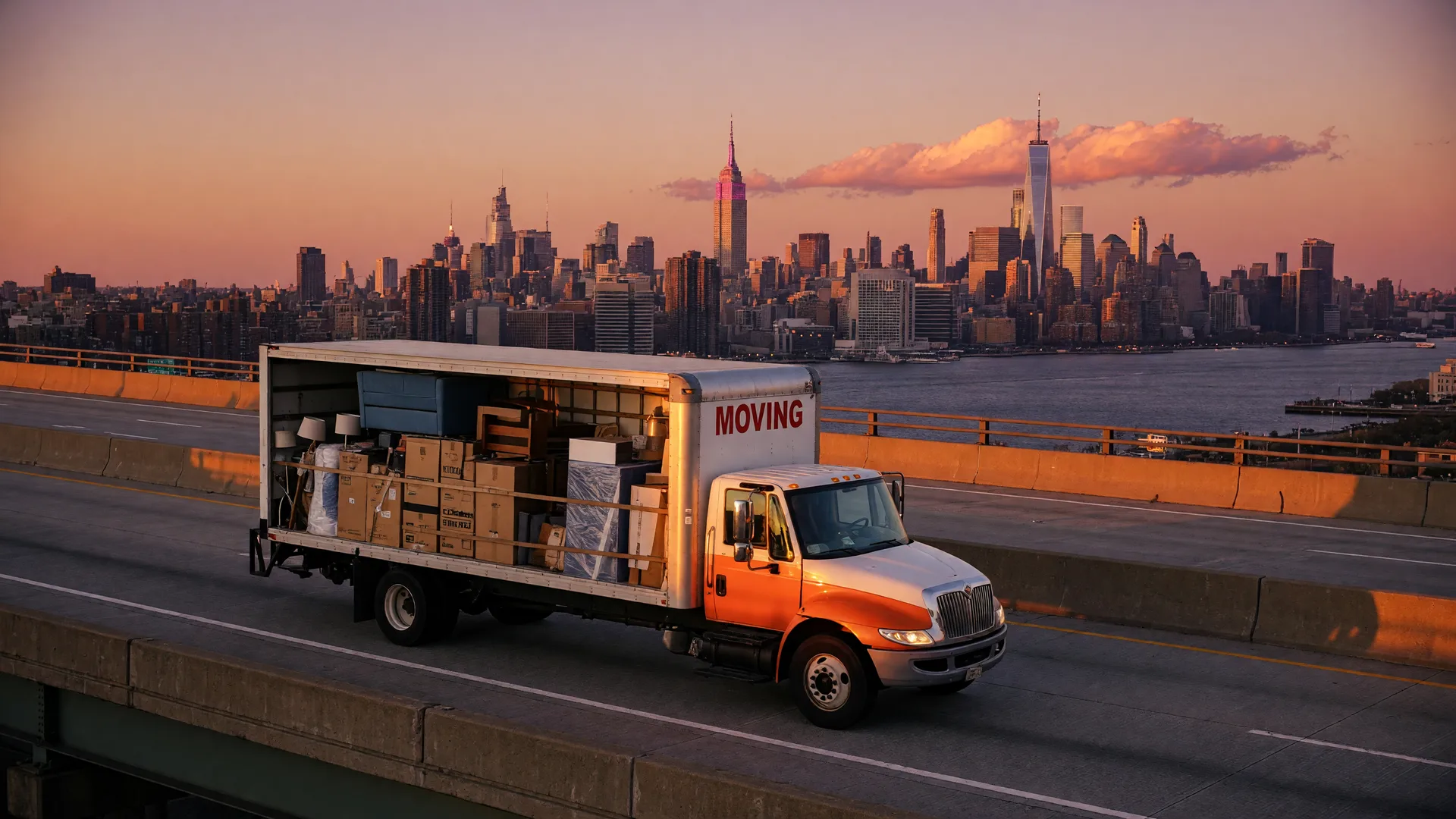 A loaded moving truck driving west out of New York City at golden hour, the Manhattan skyline with the Empire State Building and One World Trade Center receding behind it