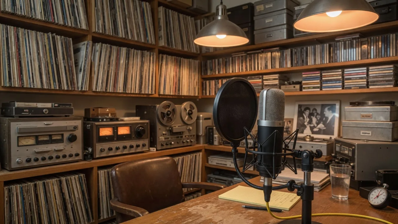 Radio broadcast studio with microphone on a desk under warm studio lights