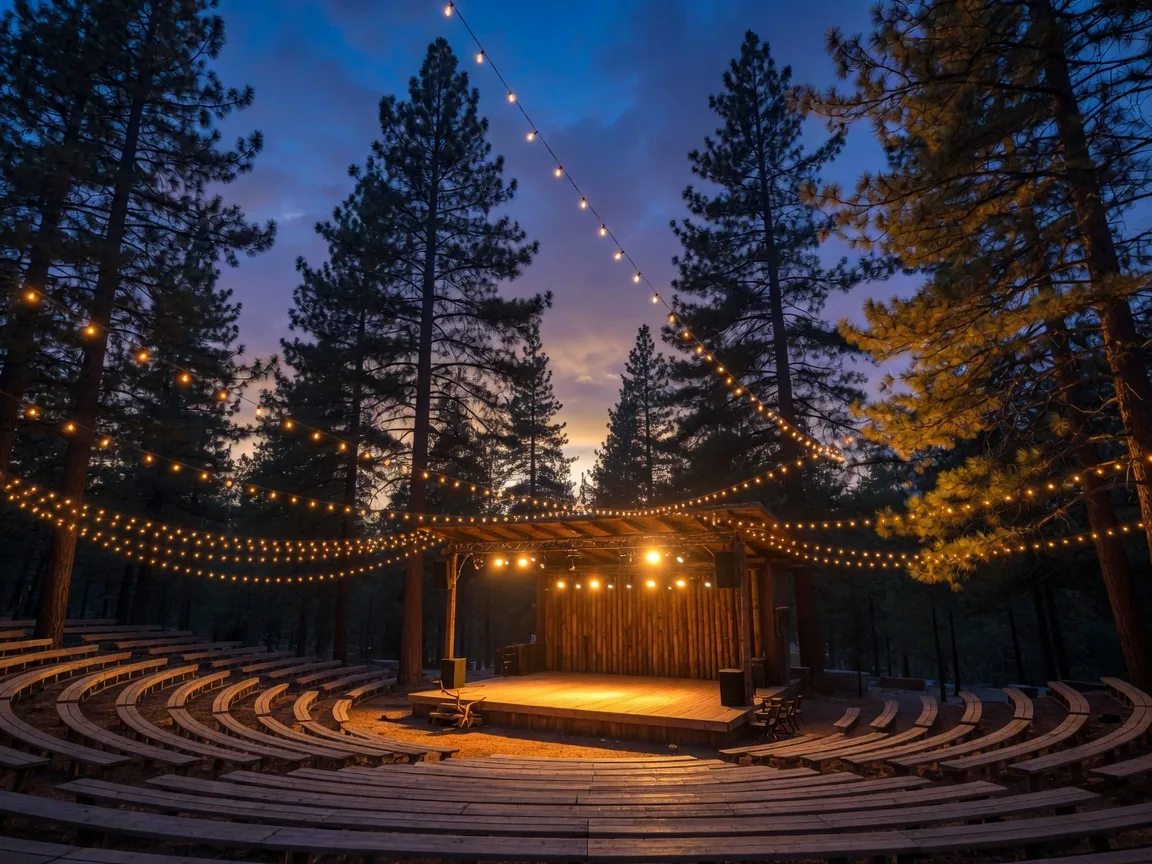An open-air amphitheater stage among tall pines glowing at dusk