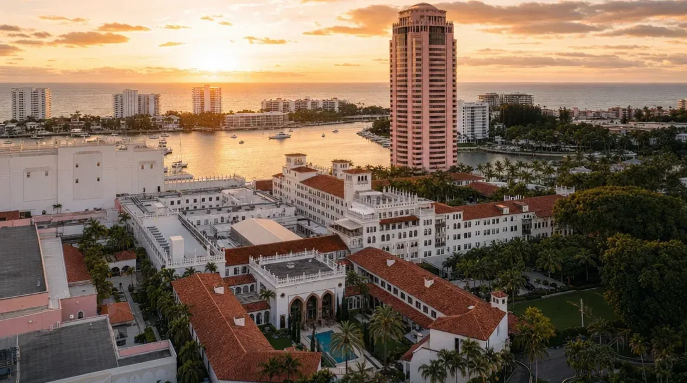 The Boca Raton's white Cloister and pink Tower on the water at golden hour
