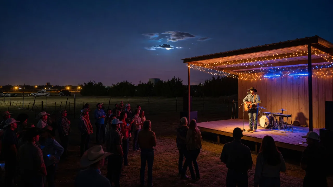 An outdoor country music stage at night with a singer and guitar under warm amber and blue lights with a silhouetted crowd on the lawn