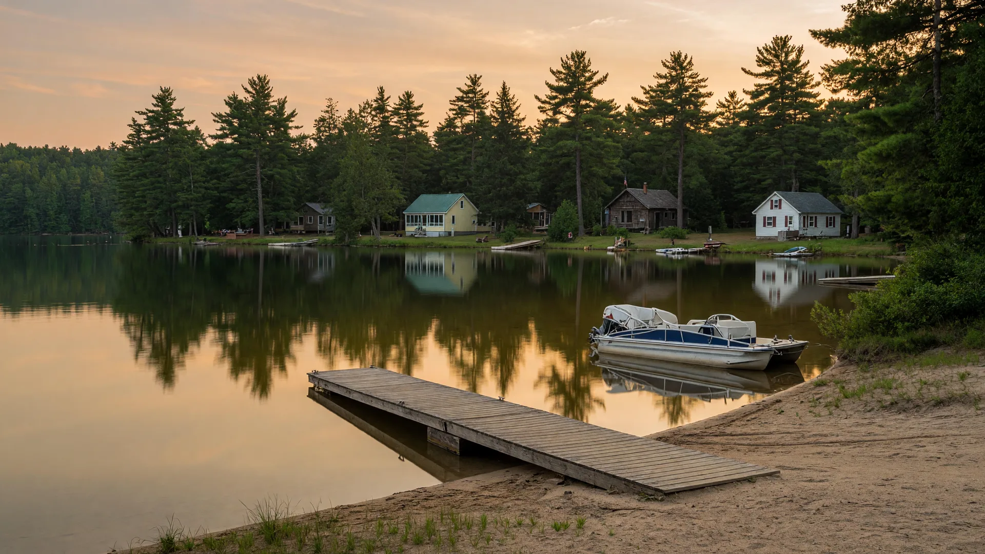 Otter Lake, Michigan on a calm summer evening with still water reflecting golden light, a wooden boat launch, and pine-ringed shores dotted with cottages