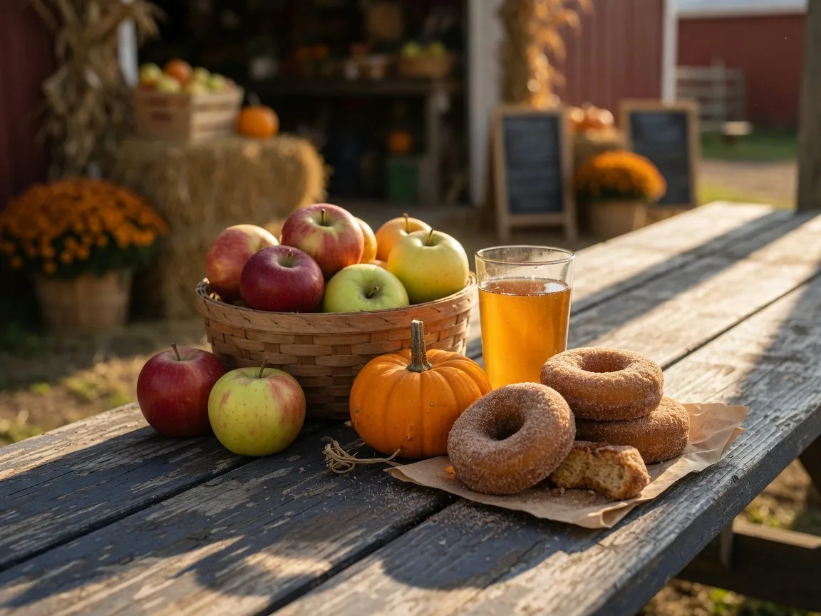 A harvest table with a basket of apples, a glass of cider, and a stack of apple cider donuts at a Pennsylvania farm stand