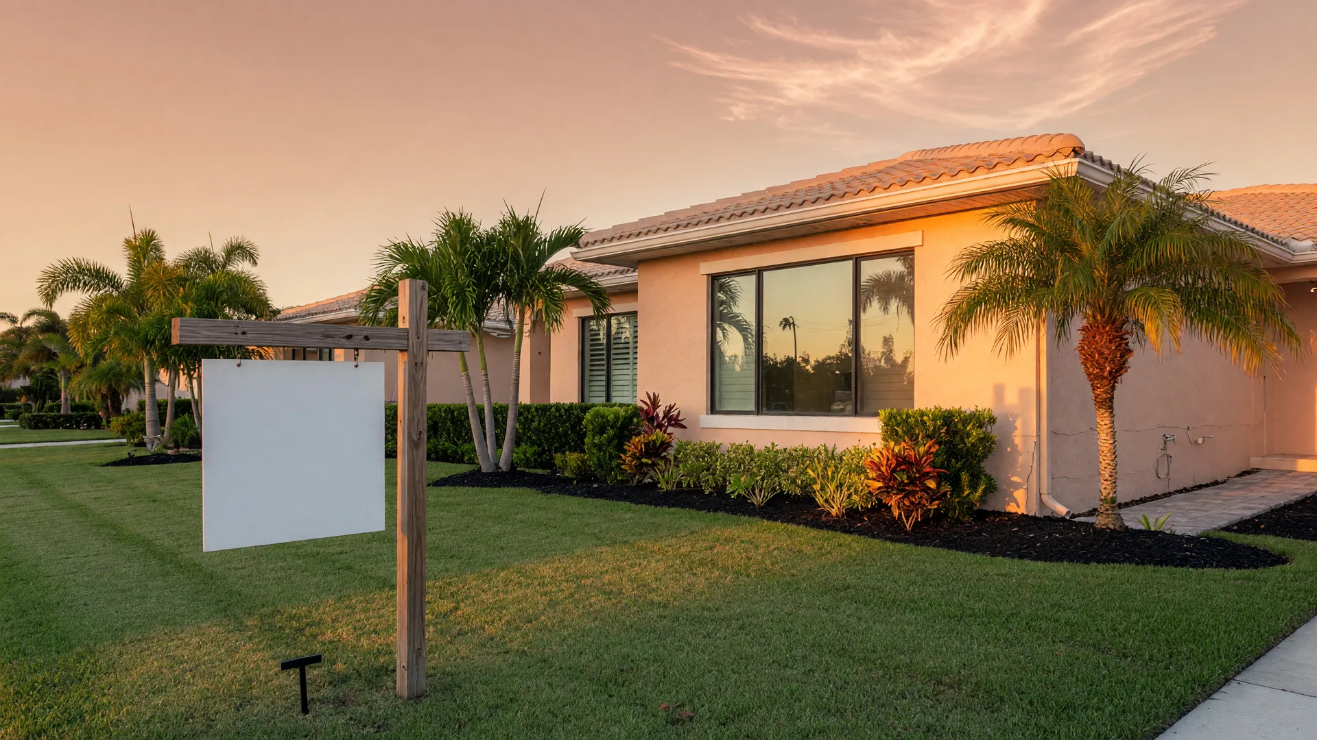 Modern Tampa Bay home for sale with a For Sale sign on the front lawn at golden hour