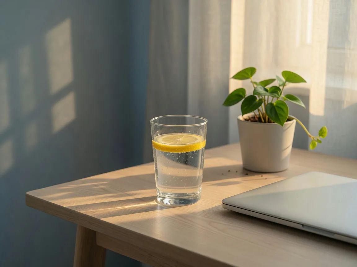 A glass of lemon water on a desk in soft morning light, a simple energy-supporting habit
