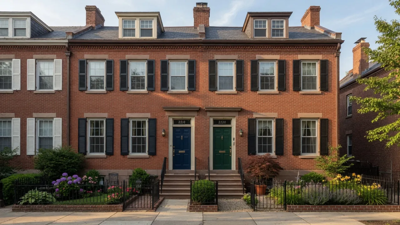 Semi-detached brick twin homes with side yards in Fitler Square