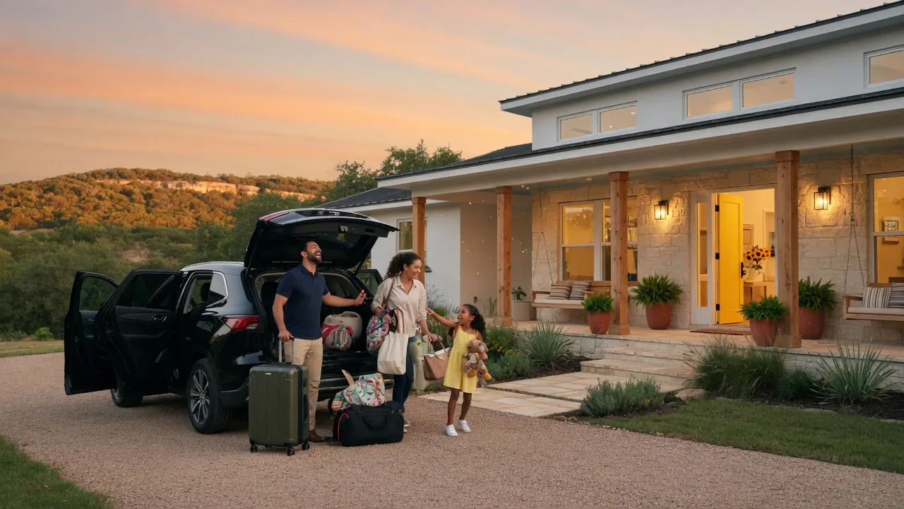 A family arriving at their new Texas Hill Country home with luggage