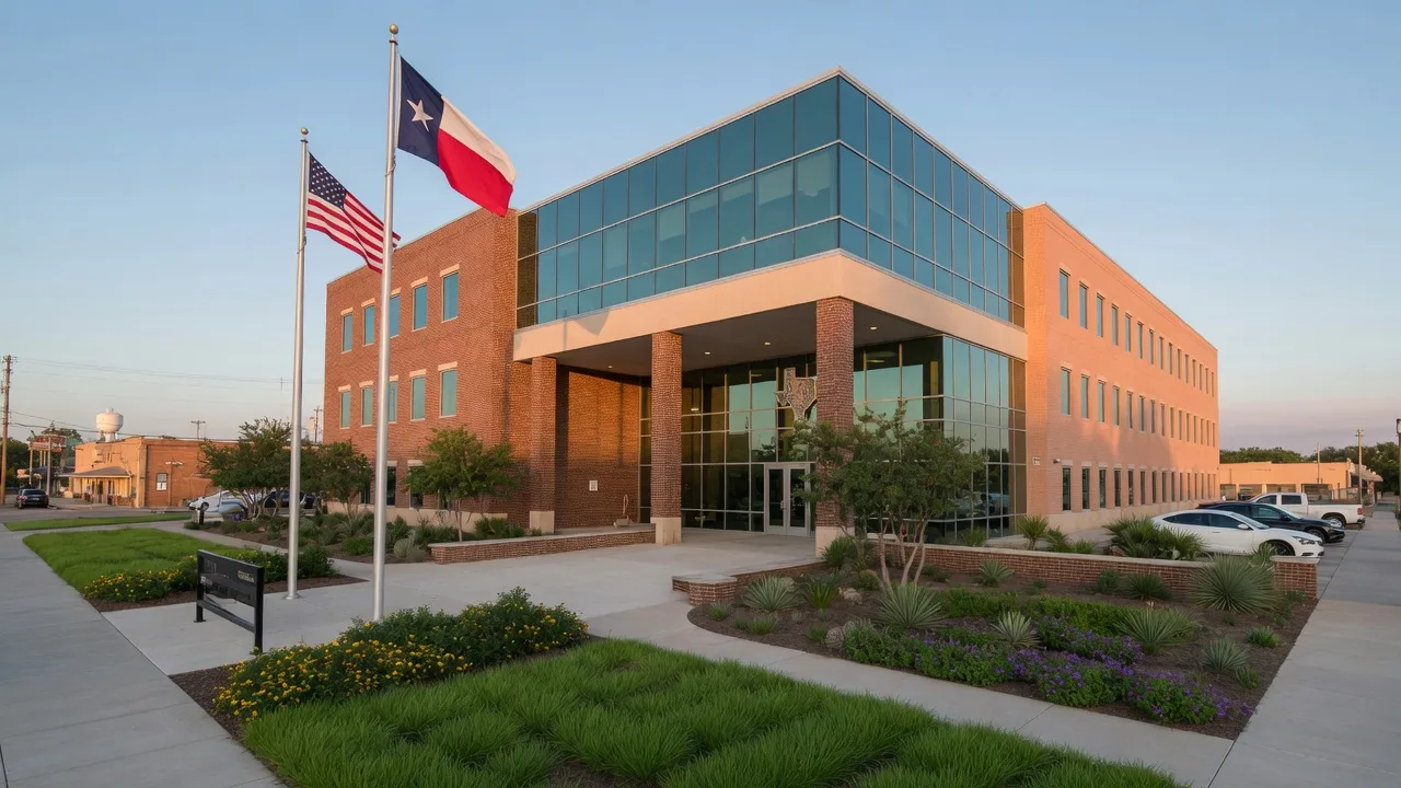 Modern TxDOT district office building in a small Texas town with Texas and US flags