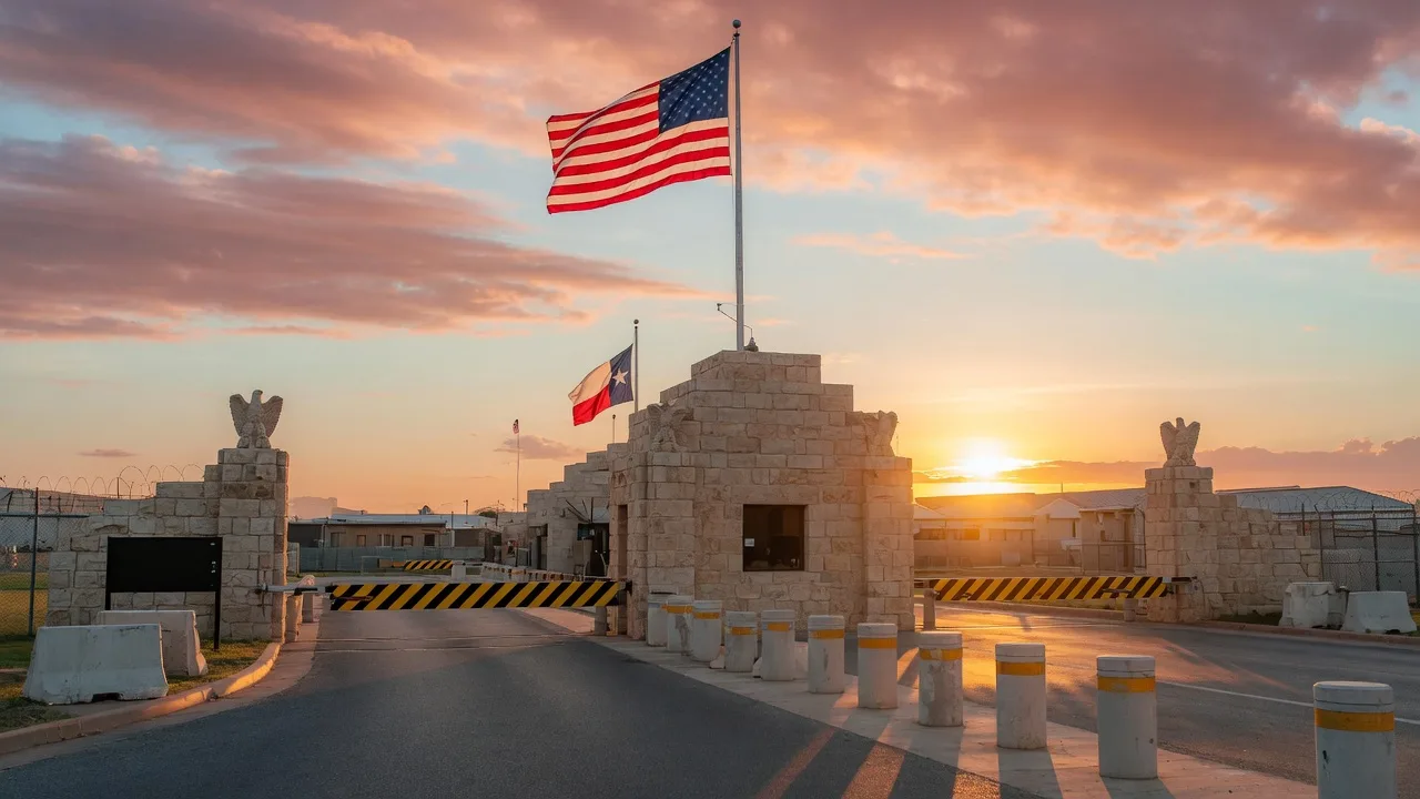 The entrance gate to a Texas military installation at sunrise with an American flag above the gate