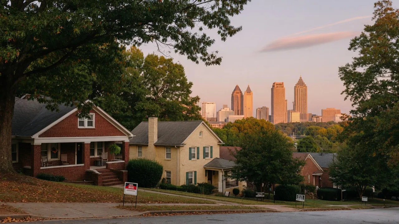 A Metro Atlanta residential street at golden hour with small For Sale signs in the foreground and the Atlanta skyline glowing warm in the distance, representing a stabilizing, correcting market rather than a crash