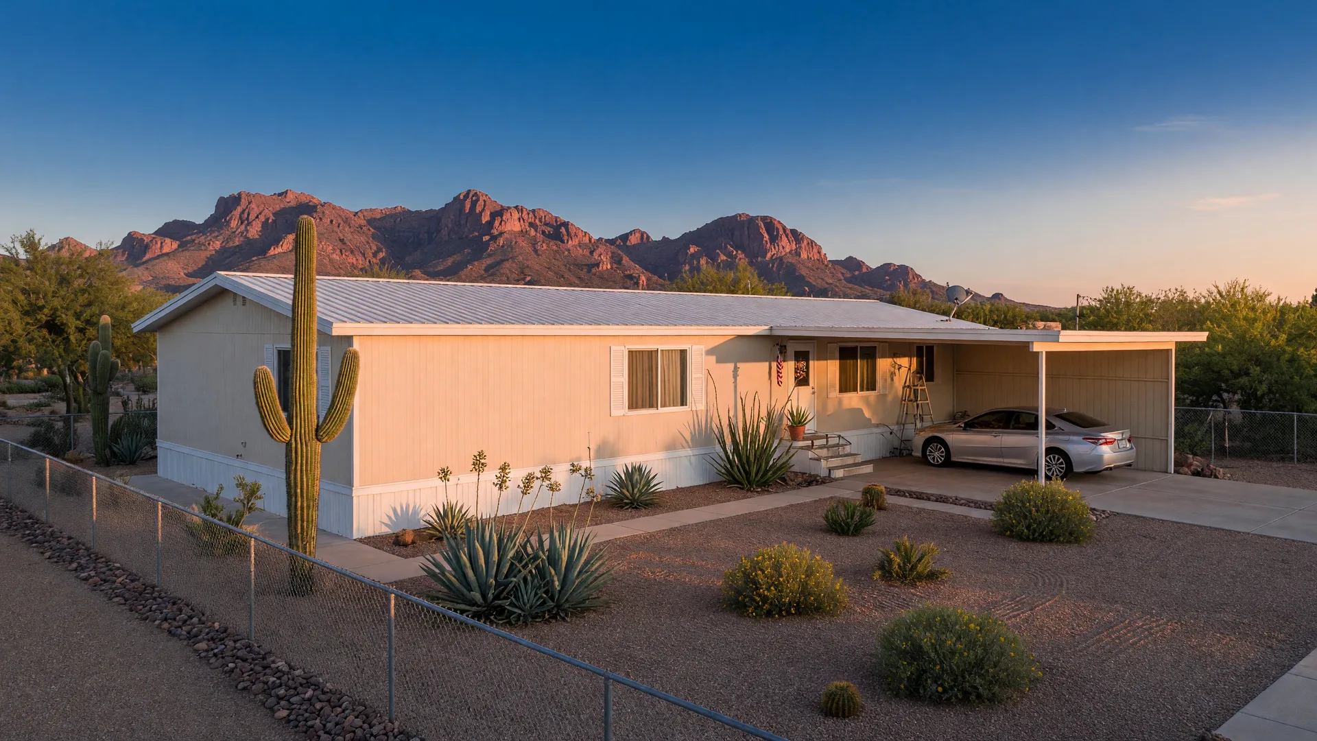 A well-kept manufactured home on its own fenced, desert-landscaped lot in Mesa, Arizona with the Superstition Mountains on the horizon at golden hour