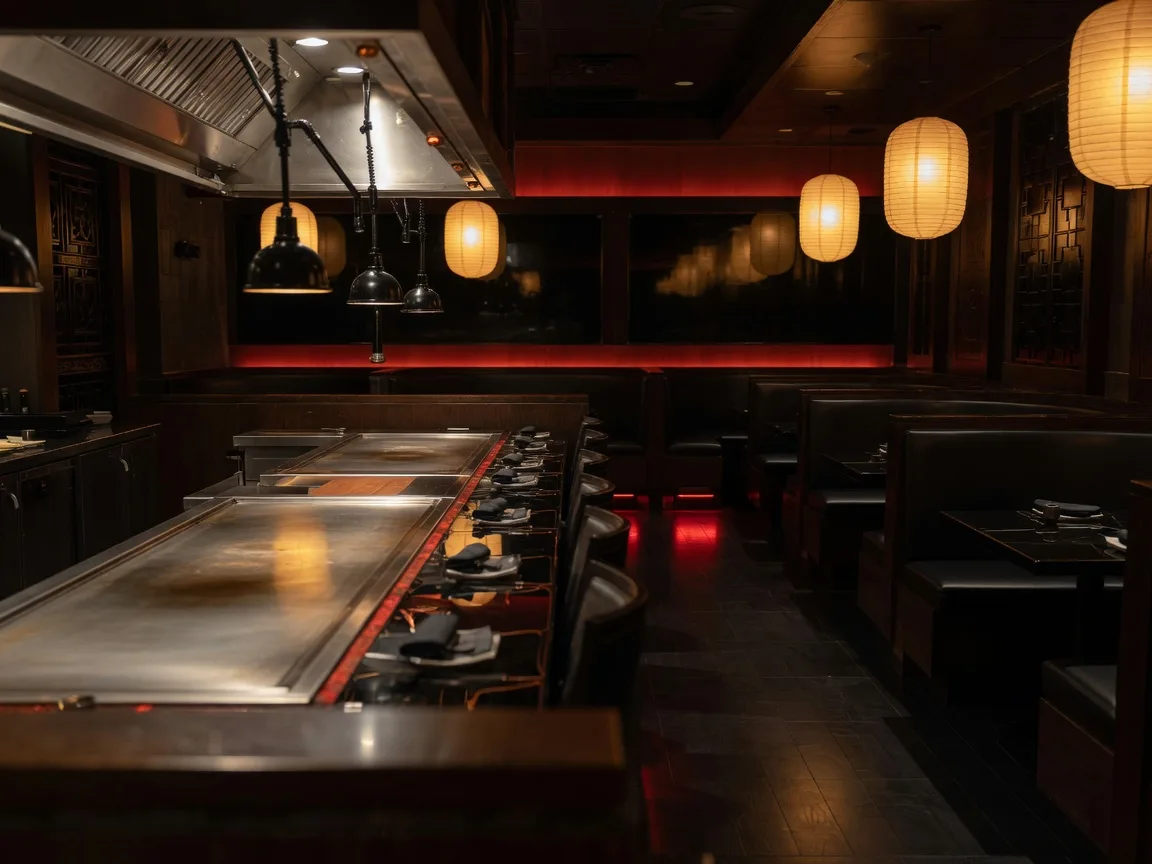 Ninja Steak & Sushi dining room in Braselton Georgia, an upscale teppanyaki hibachi restaurant with a long stainless steel grill counter, dark wood, and warm amber lighting
