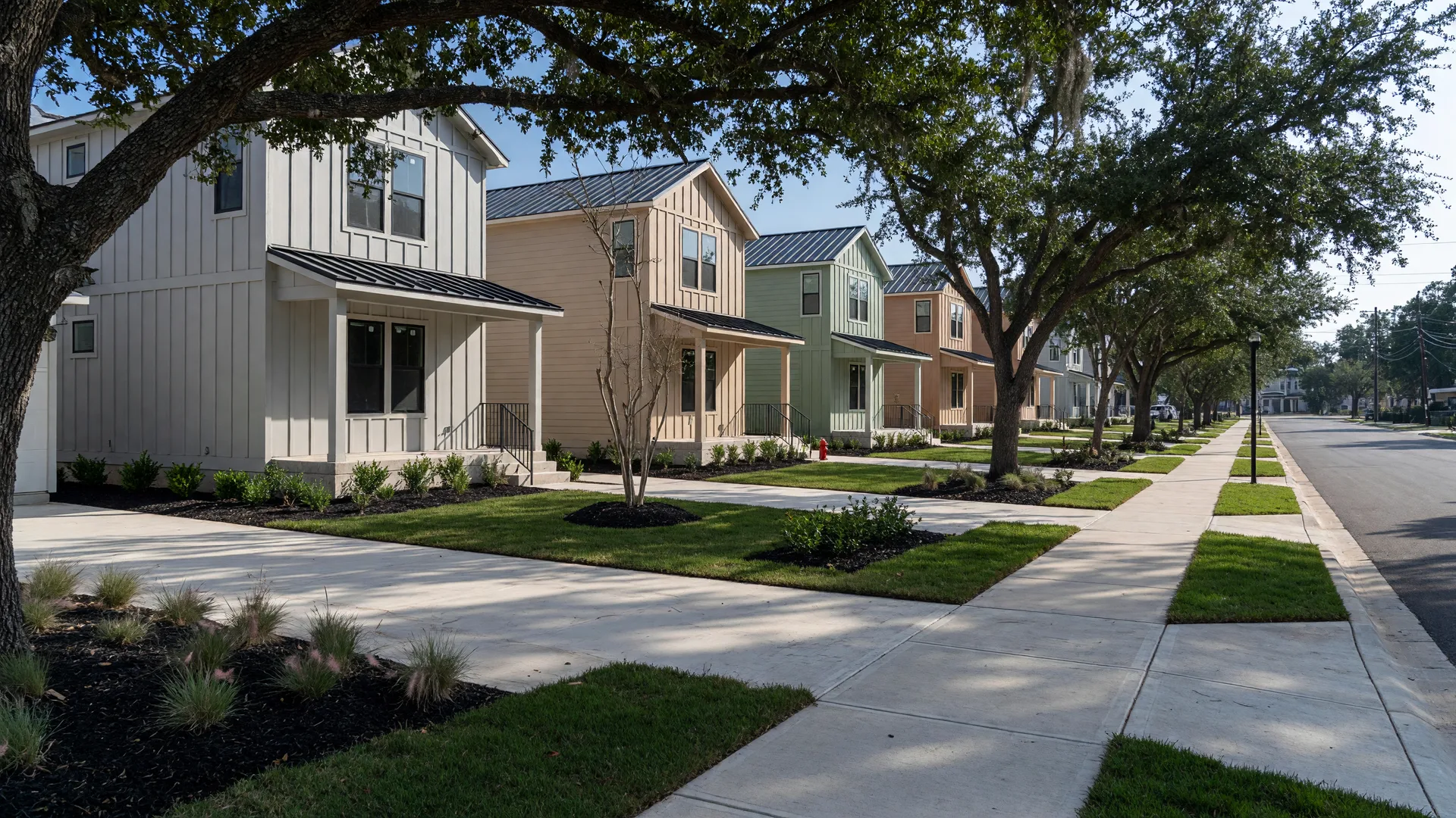 A row of newly built single-family homes on an infill street in a small Texas town with fresh siding, new driveways, and live oak trees