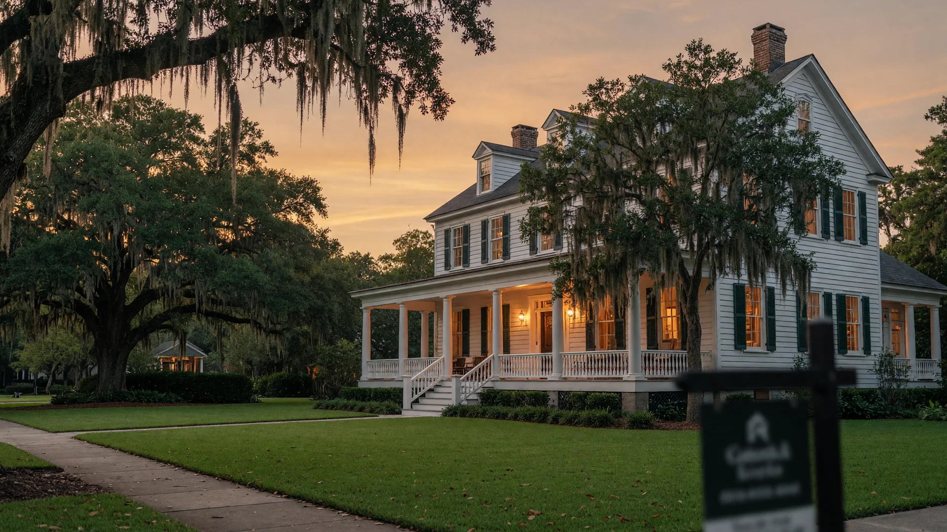 A Charleston-area Lowcountry home with a front porch and live oaks at golden hour