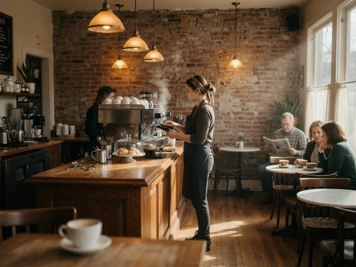The warm interior of a cozy Conshohocken neighborhood cafe with exposed brick, a wooden coffee bar, and pendant lighting