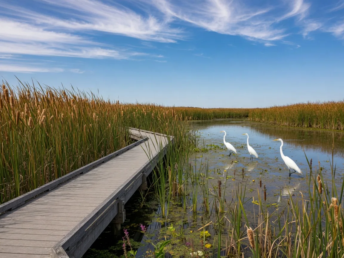 A boardwalk trail winding through the cattails and open water of the Jackson Bottom Wetlands Preserve