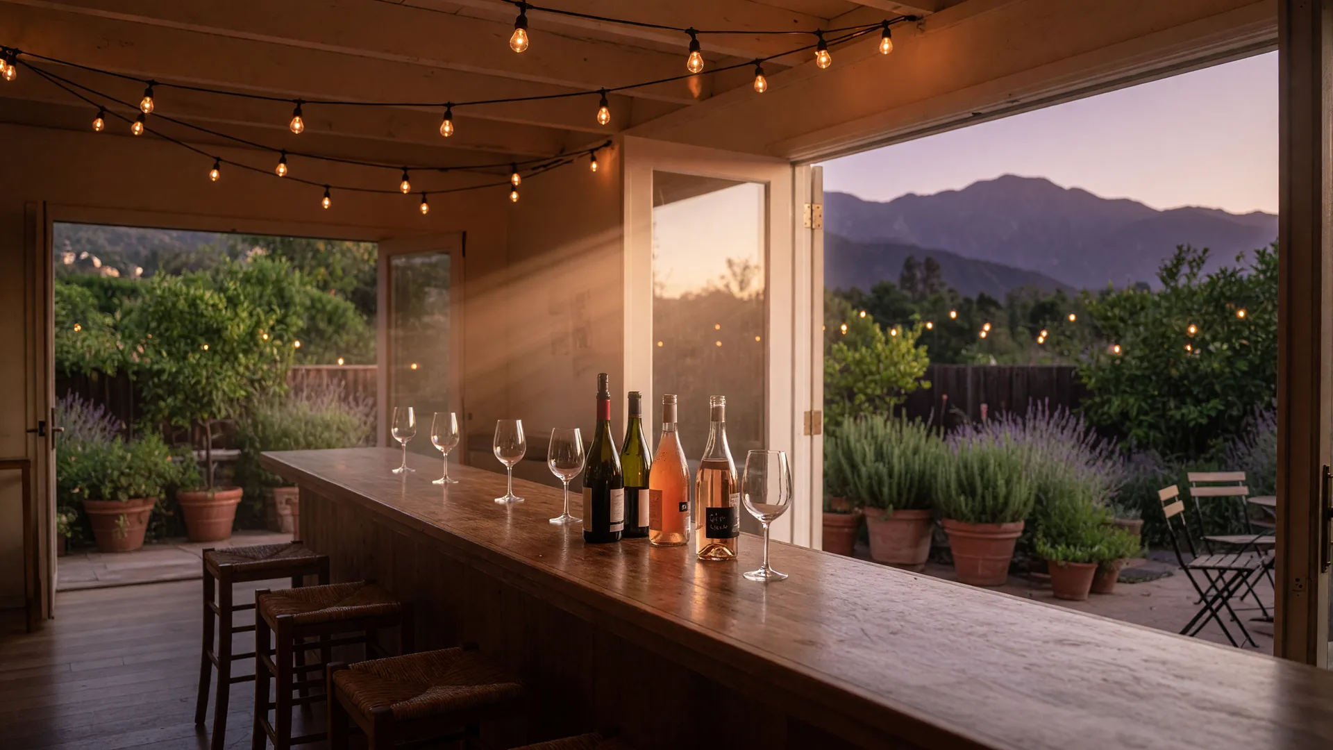The long wooden bar of a new Altadena wine bar at golden hour, with string lights and an open garden terrace