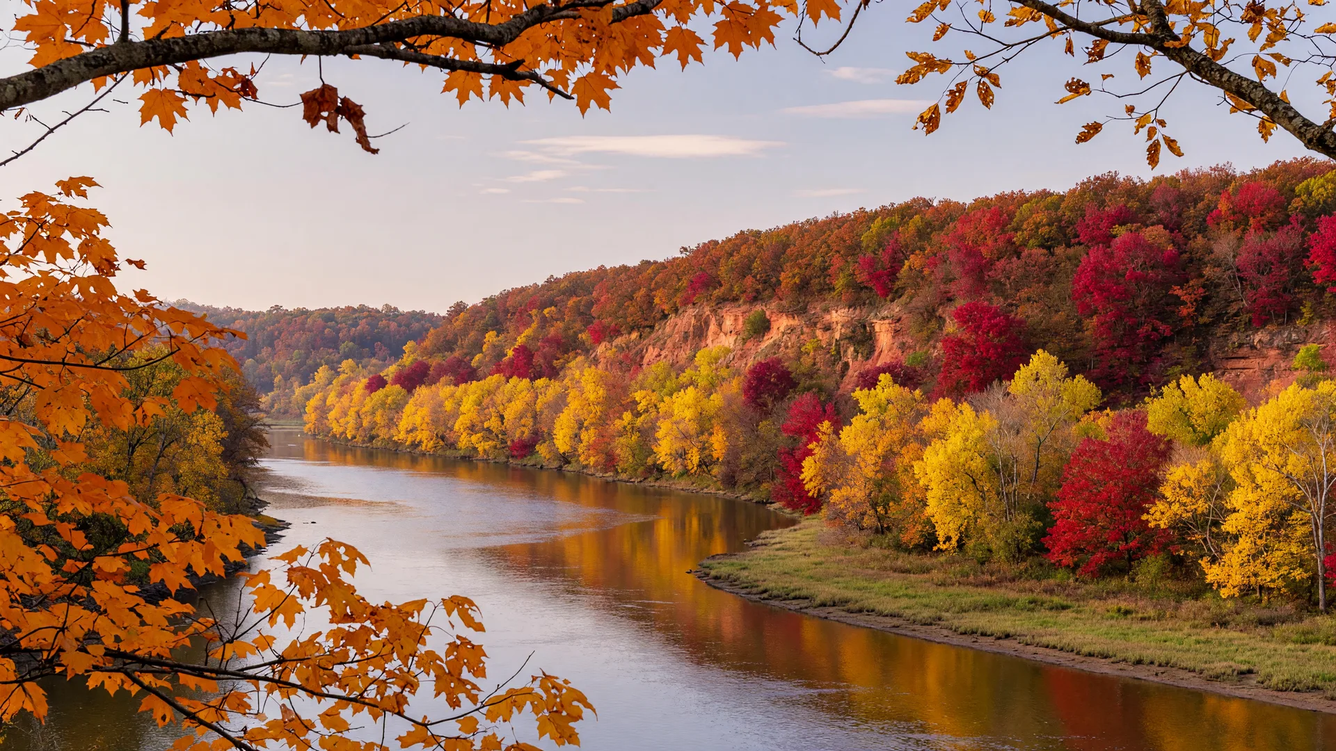 A river bluff in New Kent County at peak autumn color, with gold and amber hardwoods reflected in the water
