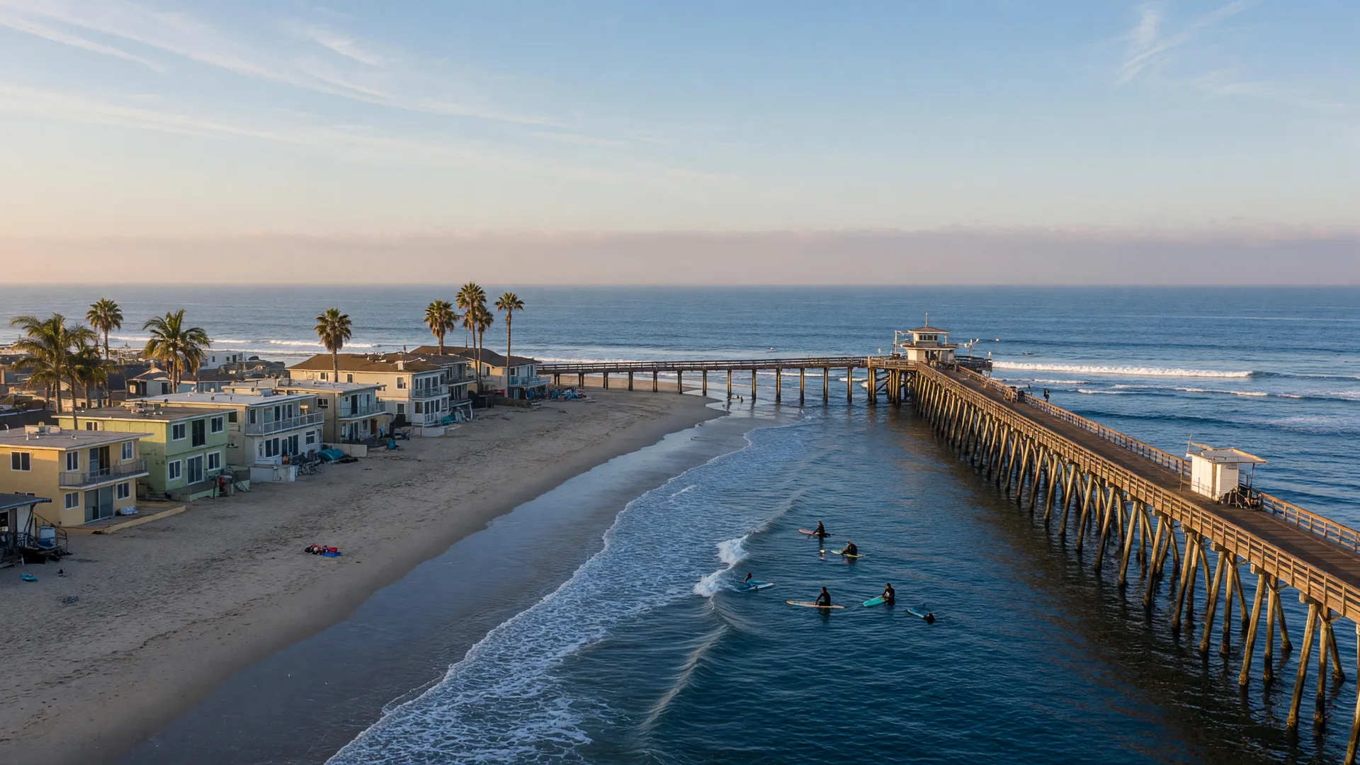 The Imperial Beach pier reaching into the Pacific on a clear late-summer morning, with palm-lined beach homes to the left and surfers waiting past the pier pilings in ZIP 91932