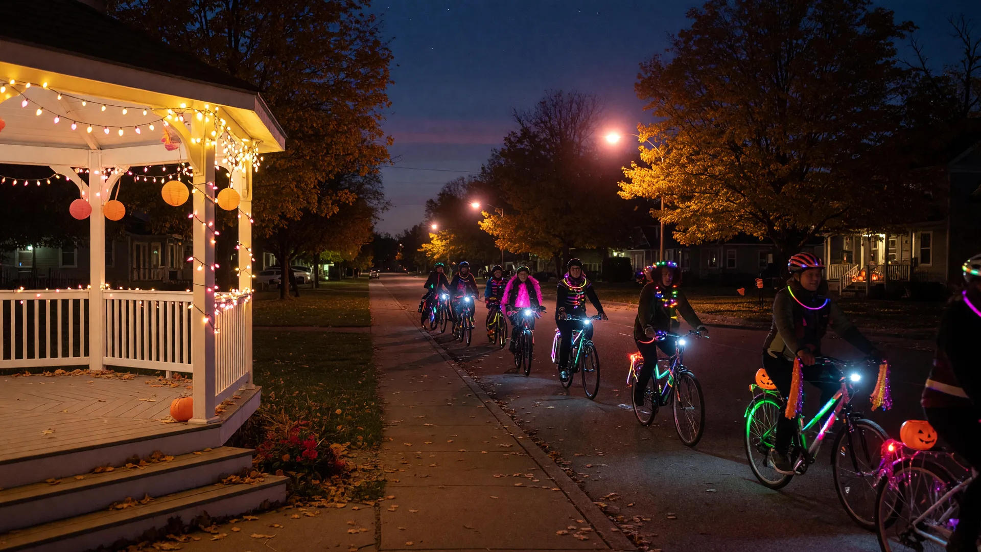 Cyclists with glowing bike lights riding a loose line down a quiet town street at night past a string-lit park gazebo
