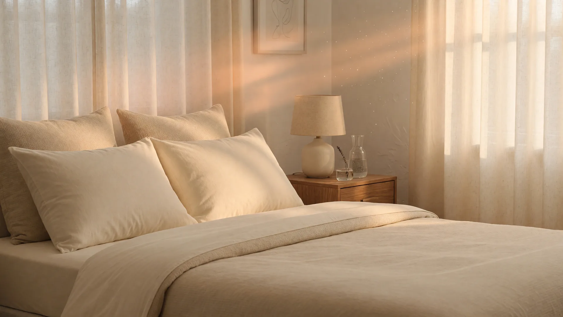 A serene bedroom with cream linen bedding and a ceramic lamp in soft morning light